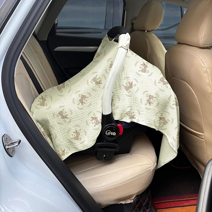 100% Muslin Cotton Car Seat Cover Baby, Carseat Canopy Cover, Universal Fit Stroller Covers for Boys and Girls (Cute Rabbit)