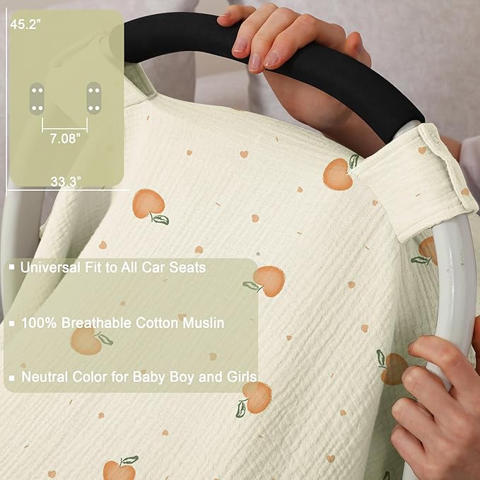 100% Muslin Cotton Car Seat Cover Baby, Carseat Canopy Cover, Universal Fit Stroller Covers for Boys and Girls (Cute Cherry)