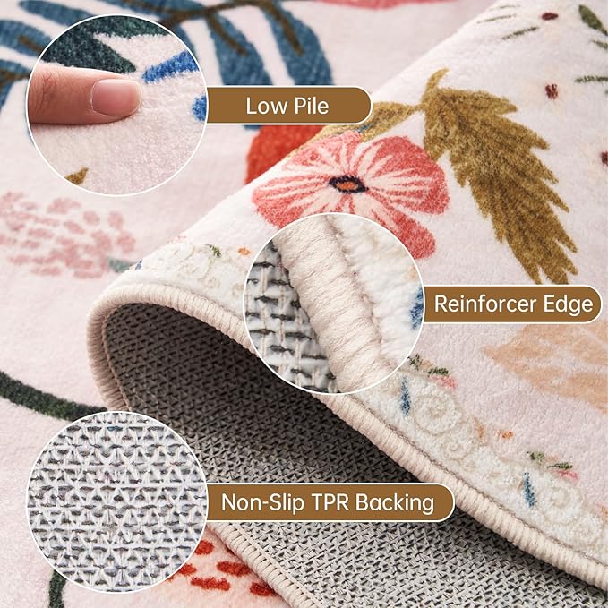 2x6 Runner Rugs for Hallways Non Slip with Rubber Backing Stain Resistant Area Rug Washable Beige Boho Floral Ultra-Thin Carpet Rugs Indoor for Entryway Kitchen Bedroom Laundry Bathroom Stairwell