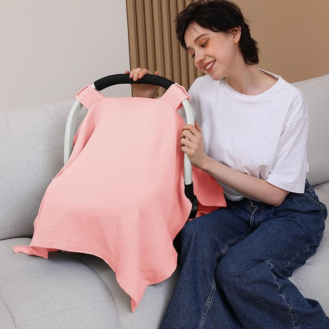 100% Muslin Cotton Car Seat Cover Baby, Carseat Canopy Cover, Universal Fit Stroller Covers for Boys and Girls (Pink)