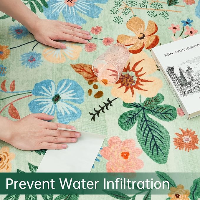 3x5 Rug for Living Room Washable Non Slip with Rubber Backing Soft Faux Fur Low Pile Stain Resistant Small Area Rug 3x5 Boho Vintage Floral Carpet Rug for Bedroom Kitchen Entrance，Green