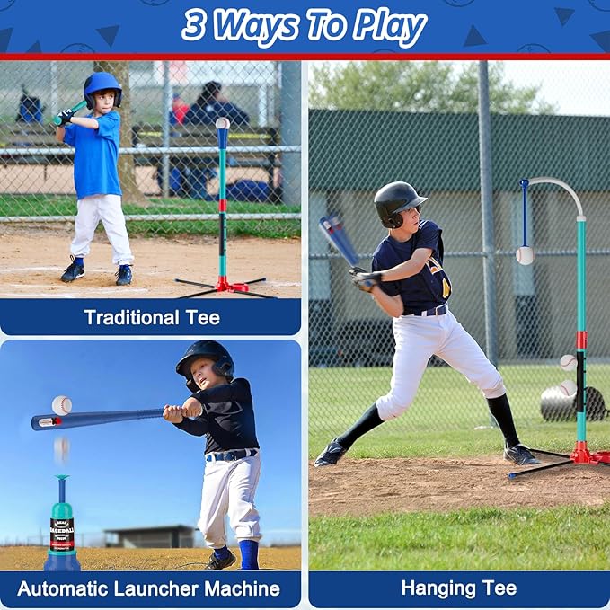 3-in-1 Baseball Set for Kids: Hanging Batting Tee + T Ball Stand Set Auto Ball Launcher for Toddlers & Youth Adjustable Height with 6 Balls 2 Bats Outdoor&Indoor Toys Sports Gifts for 3-12 Years Old