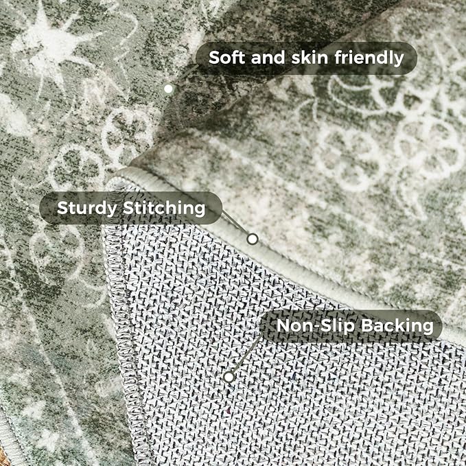 jinchan Round Rug 8ft Area Rug - Green Vintage Floor Mat Kitchen Indoor - Washable Circle 8' Thin Floral Print Carpet Retro Farmhouse Non Slip Dining Room Living Room Bedroom Office