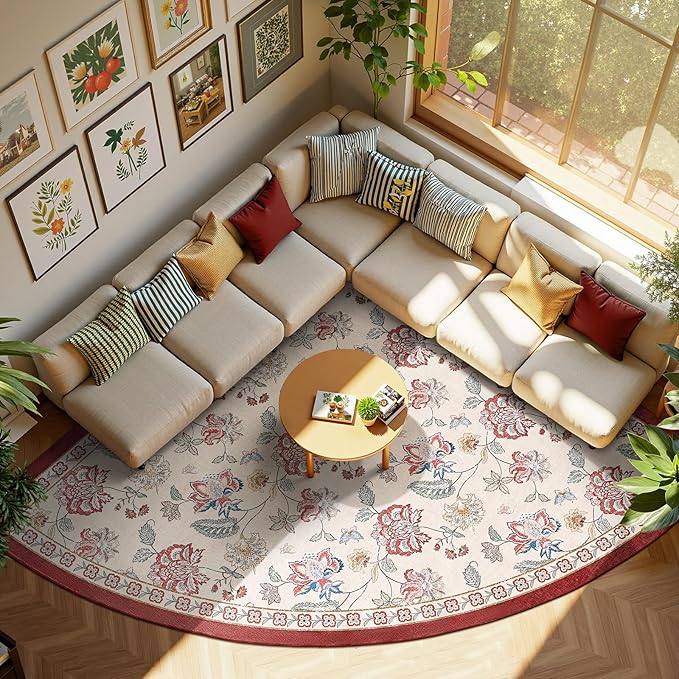 jinchan Floral Corner Rug for Living Room Washable Bedroom Rug Vintage Romance Design Non Slip Quarter Circle Lightweight Low-Pile Throw Carpet for Reading Nook Playroom,7ft Radius, Red/Beige