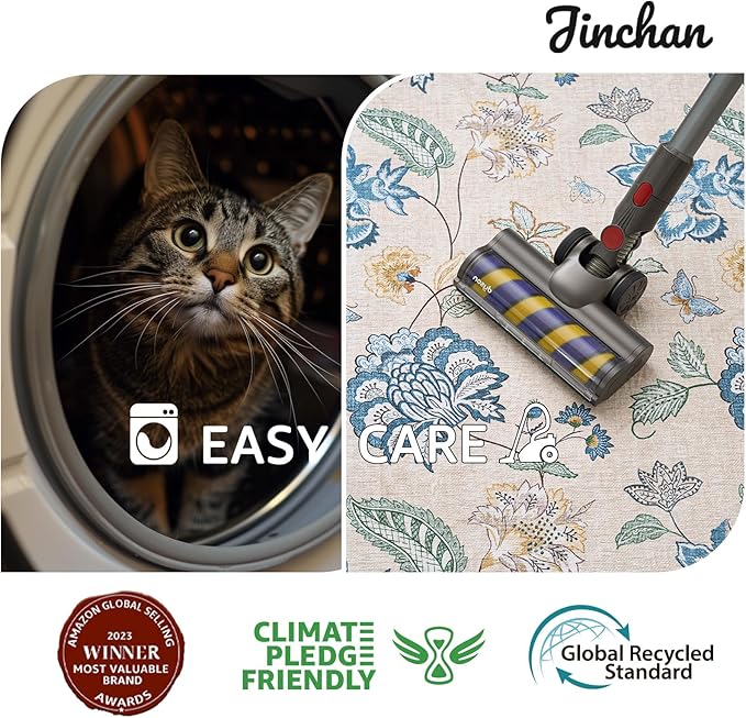 jinchan 8ft Floral Round Rug for Dining Room Washable Living Room Rug Vintage Romance Design Non Slip Indoor Floor Cover Lightweight Low-Profile Throw Carpet for Bedroom Porch Patio, Blue/Beige