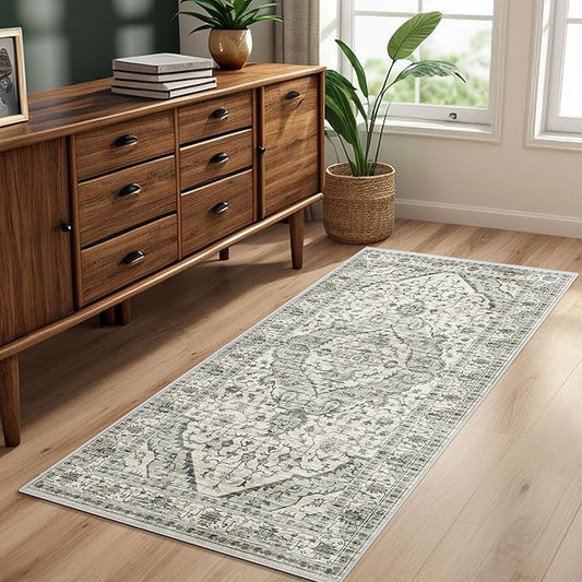 2x4 Rugs Boho Small Washable Area Rugs for Entryway Bathroom Kitchen, Small Rugs Soft Low Pile Non-Slip Rubber Backing Oriental Door Mat(Border Cream