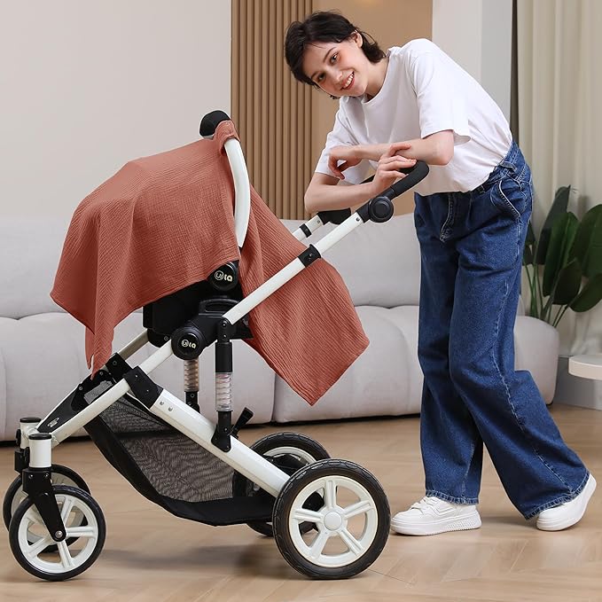 100% Muslin Cotton Car Seat Cover Baby, Carseat Canopy Cover, Universal Fit Stroller Covers for Boys and Girls (Blush)