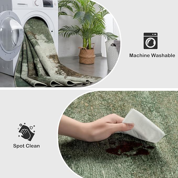 Kelarea Living Room Rug, 5x7 Rug Modern Abstract Washable Rugs Green Faux Wool Vintage Carpets, Non Slip Rug for Bedroom, Dining Room, College Dorm, Kids Playroom, Home Office