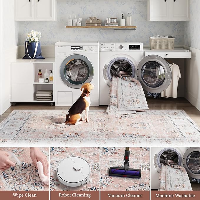 jinchan Long Hallway Runner Rug 2x12 Machine Washable Runner Rug Pink Vintage Floral Design Non-Slip Ultra-Thin for Kitchen Laundry Room Bedroom Farmhouse (2‘x12',Pink)