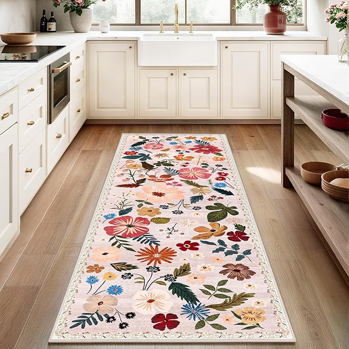 2x6 Runner Rugs for Hallways Non Slip with Rubber Backing Stain Resistant Area Rug Washable Beige Boho Floral Ultra-Thin Carpet Rugs Indoor for Entryway Kitchen Bedroom Laundry Bathroom Stairwell