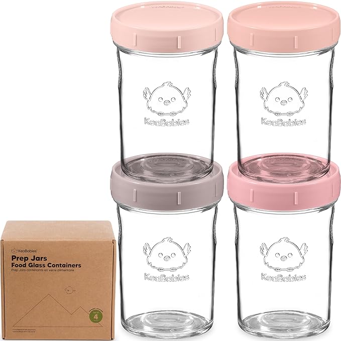 KeaBabies 4pk 8oz Glass Baby Food Containers with Lids - Leak-Proof, Microwavable Small Glass Jars, Baby Purees & Toddler Snack Storage Containers, BPA-Free, Dishwasher & Freezer Safe (Roseate)