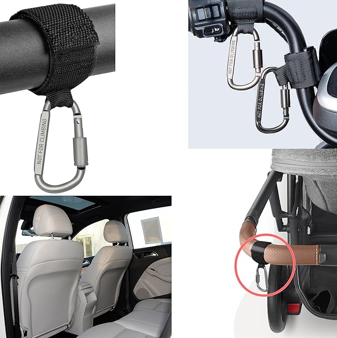 4 Pcs Baby Stroller Hook, Carry 30 lbs per Stroller Carabiner Clip, Adjustable Baby Stroller & Car Seat Hook for Hanging Diaper Bag, Wheelchair,Golf cart, Shopping and Pet Cart
