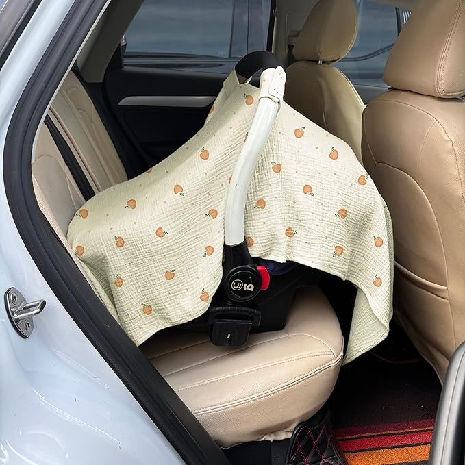 100% Muslin Cotton Car Seat Cover Baby, Carseat Canopy Cover, Universal Fit Stroller Covers for Boys and Girls (Cute Cherry)