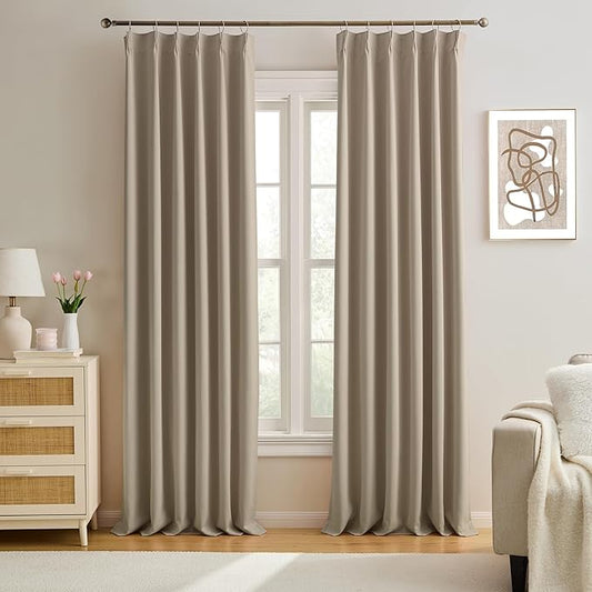 KEQIAOSUOCAI Pinch Pleated Window Curtain Panels 96 Inches Long Light Blocking Solid Ceiling Floor Pleated Curtains Hooks Track Privacy Memory Shape Drape for Living Room,Khaki,40x96, Set of 2