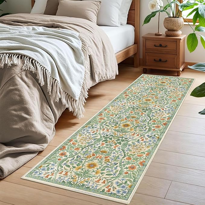 2x6 Washable Runner Rug,Grass Green Floral Boho Area Rug for Hallway,Low-Pile Non-Slip Stain Resistant Carpet for Kitchen, Bedside,Laundry Room,Entryway