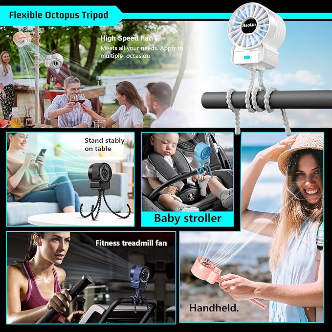 2 Pack Multifunctional Portable Stroller Fan 4 Speed 6600rpm High Speed Usb Rechargeable Personal Mini Handheld Fan Extended Tripod For Desktop Winding Kids Bed Treadmill Bike Golf Cart Outdoor Travel