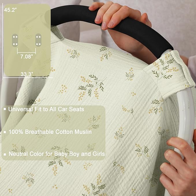 100% Muslin Cotton Car Seat Cover Baby, Carseat Canopy Cover, Universal Fit Stroller Covers for Boys and Girls (Green Beige Leaf)