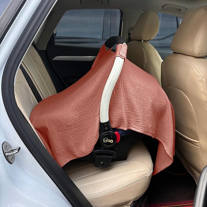 100% Muslin Cotton Car Seat Cover Baby, Carseat Canopy Cover, Universal Fit Stroller Covers for Boys and Girls (Blush)