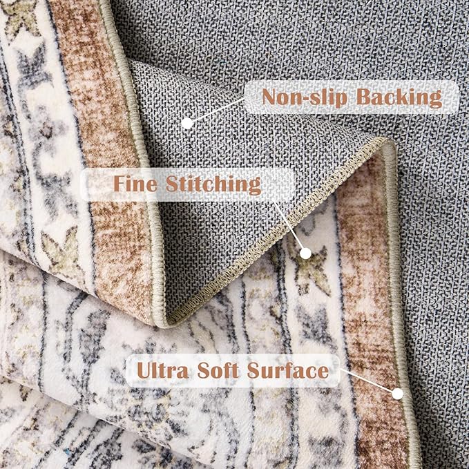 jinchan Round Rug 7ft Washable Circle Soft Rug - Low Pile Vintage 7'Round Indoor Orange Floral Print Stain Resistant Boho Carpet Ultra-Thin Non-Slip for Living Room Bedroom Dining Room Kitchen