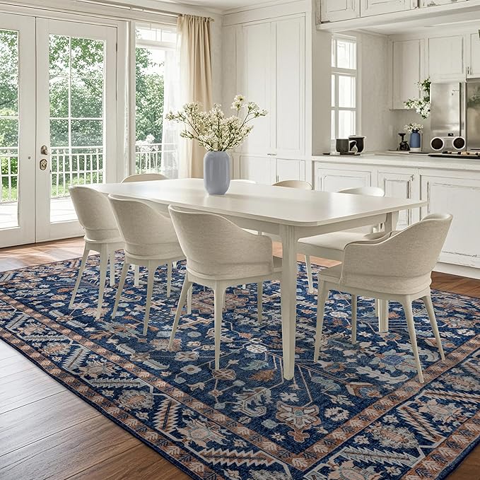 10x14 Area Rug Washable: Oriental Soft Area Rug for Living Room Bedroom No Shedding - Low Pile Thin Carpet Rug for Dining Room Non Slip - Boho Vintage Rug for Home Decor - Navy Blue