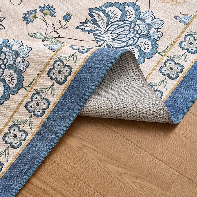 jinchan 8ft Floral Round Rug for Dining Room Washable Living Room Rug Vintage Romance Design Non Slip Indoor Floor Cover Lightweight Low-Profile Throw Carpet for Bedroom Porch Patio, Blue/Beige