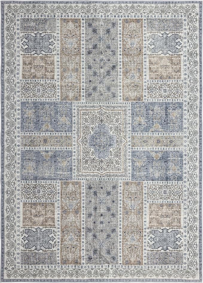 10x14 Area Rug Washable: Oriental Soft Area Rug for Living Room Bedroom No Shedding - Low Pile Thin Carpet Rug for Dining Room Non Slip - Boho Vintage Rug for Home Decor - Blue Grey