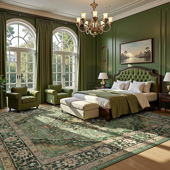 10x12 Green Rugs for Living Room Bedroom, Washable Area Rugs Non Slip Large Rug for Dining Room Office, Floor Decoration Vintage Boho Big Rug Carpet Low-Pile Kid & Pet Friendly