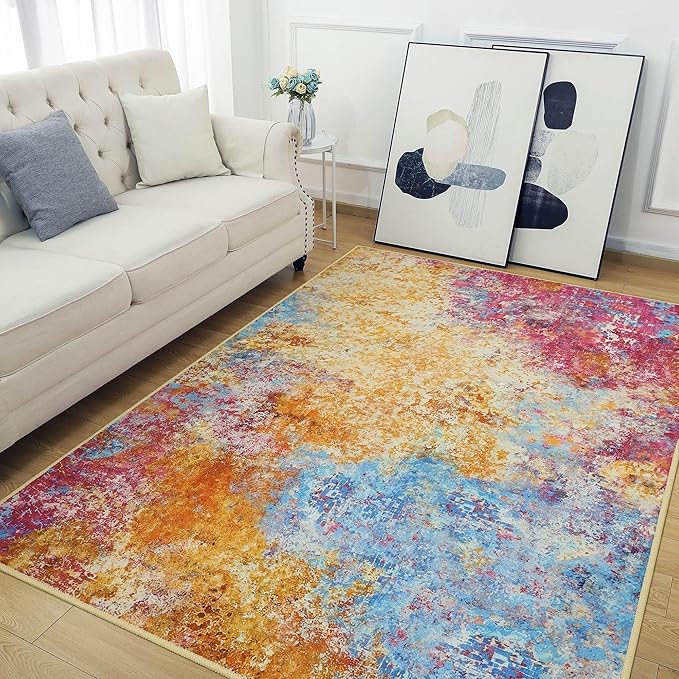 Kelarea Living Room Rug, 5x7 Modern Abstract Washable Rugs, Colorful Non Slip Low Pile Carpet, Stain Resistant Rugs for Bedroom, Dining Room, Nursery, Home Office