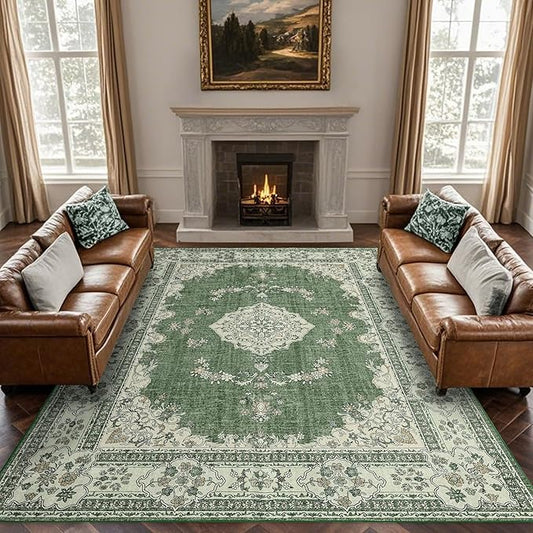 10x14 Area Rug Washable: Oriental Soft Area Rug for Living Room Bedroom No Shedding - Low Pile Thin Carpet Rug for Dining Room Non Slip - Boho Vintage Rug for Home Decor - Olive Green
