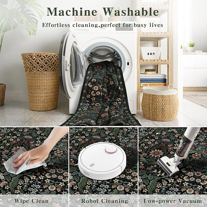 3x5 Black Boho Floral Vintage Area Rug,Soft Lightweight Low Pile Non-Shedding Carpet,Machine Washable Stain Resistant & Non-Slip for Entryway,Bedroom, Kids Room,Living Room