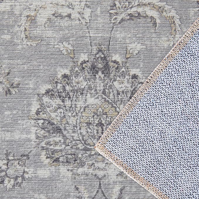 jinchan Hallway Runner Rug 3x7 Machine Washable Runner Rug Grey Vintage Floral Design Non-Slip Low Pile Ultra-Thin for Kitchen Laundry Room Bedroom Farmhouse (3‘x7',Grey)