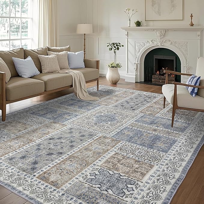 10x14 Area Rug Washable: Oriental Soft Area Rug for Living Room Bedroom No Shedding - Low Pile Thin Carpet Rug for Dining Room Non Slip - Boho Vintage Rug for Home Decor - Blue Grey