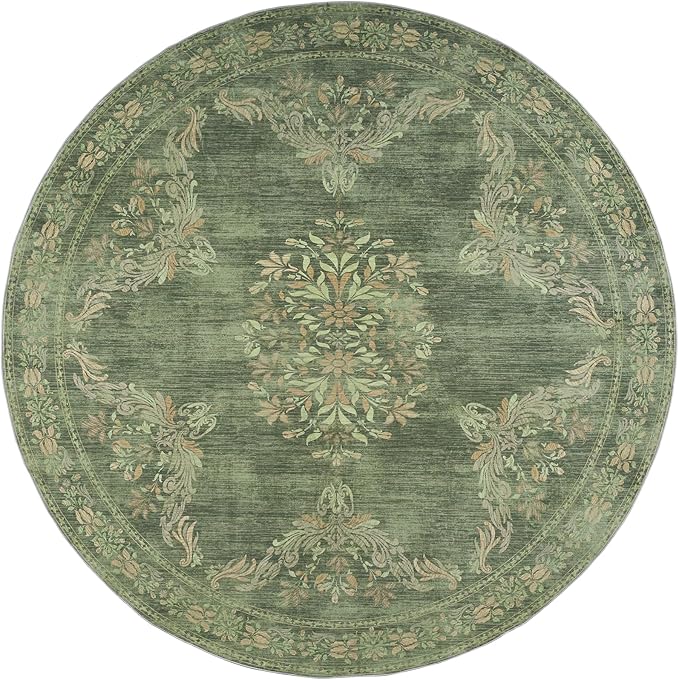jinchan Round Rug 6ft Area Rugs Vintage Floral Distressed Design,Machine Washable Soft Non-Slip Low-Pile Ultra-Thin Circle Rug for Bedside Living Room Dining Room Bedroom (6' Round, Dark Green)