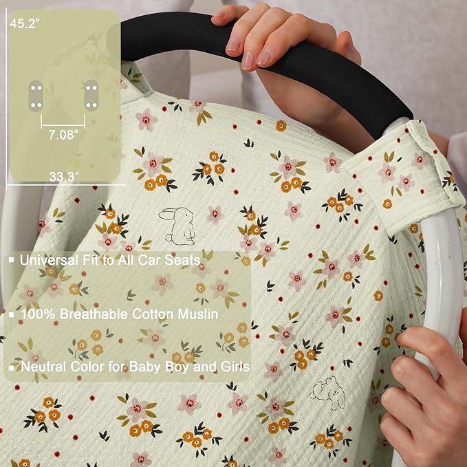 100% Muslin Cotton Car Seat Cover Baby, Carseat Canopy Cover, Universal Fit Stroller Covers for Boys and Girls (Beige Floral)