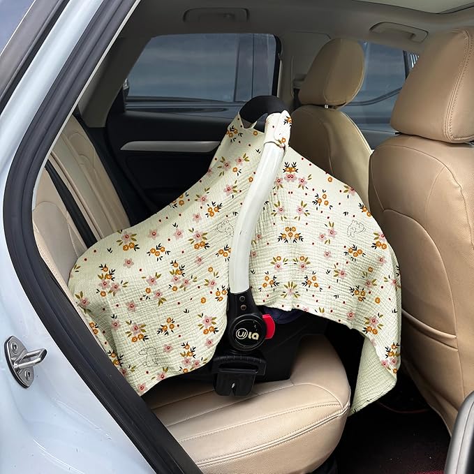 100% Muslin Cotton Car Seat Cover Baby, Carseat Canopy Cover, Universal Fit Stroller Covers for Boys and Girls (Beige Floral)