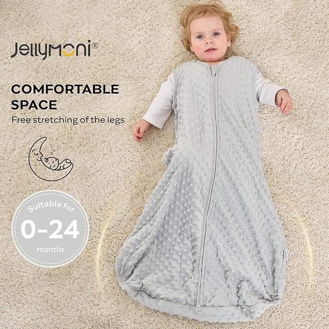 JELLYMONI Fleece Baby Sleep Sack 6-12 Months, 1.5 Tog Warm Winter Baby Wearable Blanket with Plush Dots and 2-Way Zipper, Cotton Toddler Sleep Sack