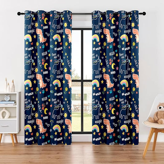 100% Blackout Curtains for Kids - Adorable Dinosaur & Unicorn Pattern, 2Panels, Each W52xL84, Thermal Insulated Noise-Reducing Drapes for Nursery, Bedroom, Playroom - Fun & Colorful Design