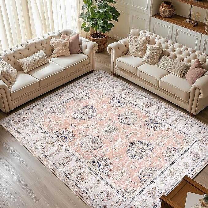 jinchan 6x9 Area Rugs for Living Room - Machine Washable Vintage Floral Distressed Design Stain Resistant Boho Carpet Ultra-Thin Low Pile Non-Slip for Bedroom Dining Room Office (6‘x9',Pink)
