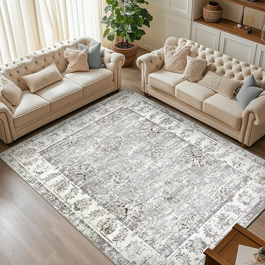 jinchan 8x10 Area Rugs for Living Room - Machine Washable Vintage Floral Distressed Design Stain Resistant Boho Carpet Low Pile Non-Slip Rug for Bedroom Dining Room Home Office (8‘x10',Grey)