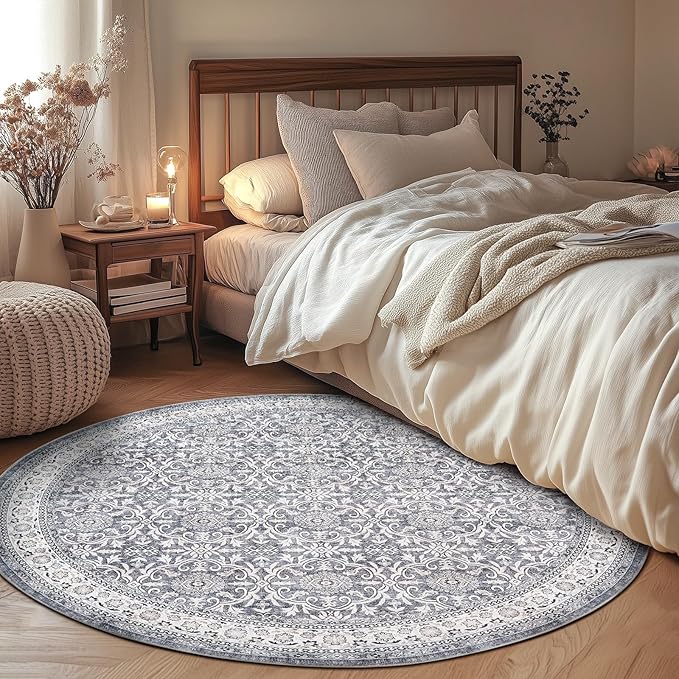 jinchan Round Rug 5ft Washable Circle Soft Rug - Low Pile Vintage 5'Round Indoor Grey Floral Print Stain Resistant Boho Carpet Ultra-Thin Non-Slip for Entryway Nursery Bedroom Dining Room Kitchen