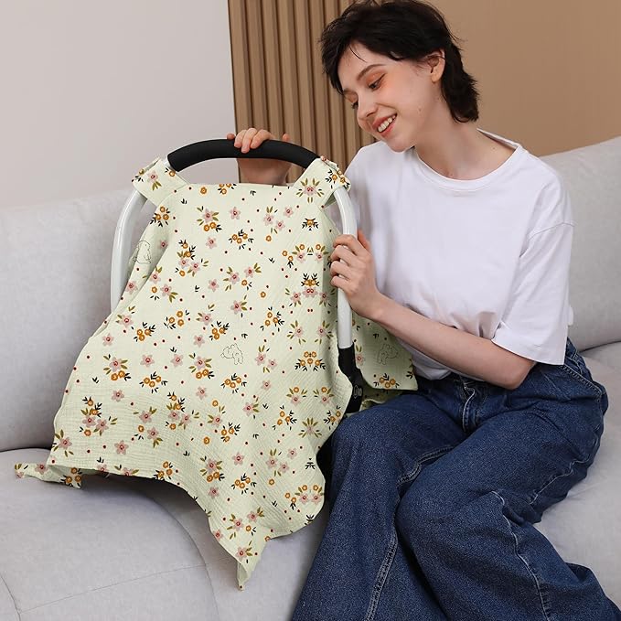 100% Muslin Cotton Car Seat Cover Baby, Carseat Canopy Cover, Universal Fit Stroller Covers for Boys and Girls (Beige Floral)