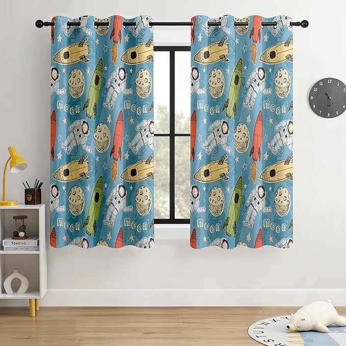 Kids Astronaut and Rocket Blackout Curtains - 100% Blackout, Thermal Insulated, Noise Reducing, Bring The Cosmos Closer to Your Kid’s Room, 2 Panels (Moonbound Adventure, W52×L63)