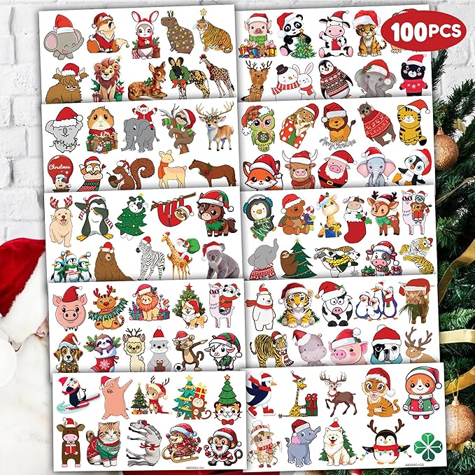 100 PCS Noel Christmas Animal Temporary Tattoos Sticker Jungle Birthday Christmas Party Decorations Supplies Favors Gifts Boys Girls Safari Zoo Cute Fake Tattoo School Reward Themed Santa Claus Xmas