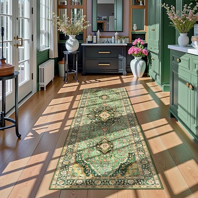 3x7 Runner Rugs for Hallway Non-Slip Hallway Runner Rug with Rubber Backing Washable Rug Runner for Kitchen Bedroom Vintage Distressed Carpet (Border Green)