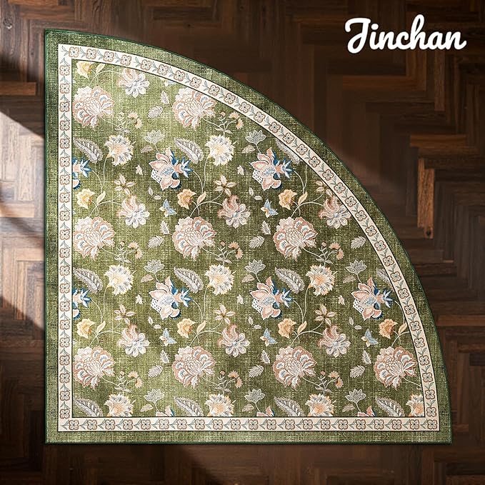 jinchan Floral Corner Rug for Entryway Washable Kitchen Rug Vintage Romance Design Non Slip Quarter Circle Lightweight Low-Pile Throw Carpet for Playroom Reading Nook Nursery, 4ft Radius, Green