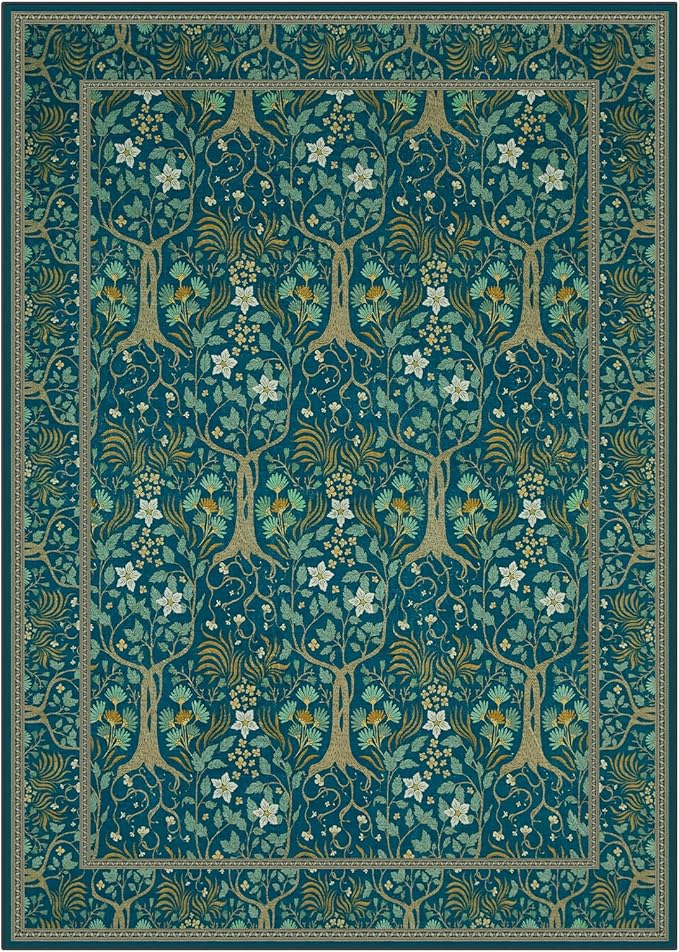 Joydeco Washable Area Rugs 5x7, Boho Floral Dining Room Rug Non Slip, Soft Low-Pile Botanical Forest Indoor Floor Throw Carpet for Living Home Office Playroom Foyer, Dark Blue