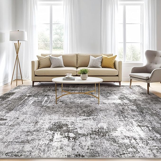 10x14 Area Rugs Living Room: Washable Large Abstract Modern Soft Rug Stain Resistant Indoor Floor Non Slip Accent Carpet for Bedroom Nursery Playroom Office Dining Room Dorm Home House- Black Grey