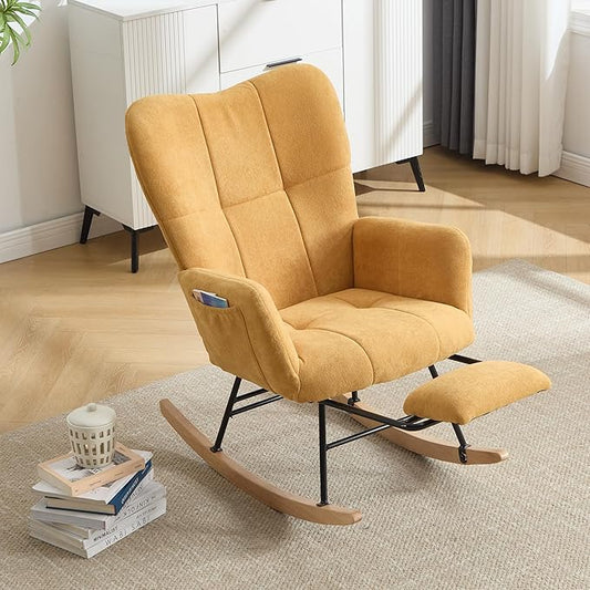 KEEZY Rocking Chair Nursery,Upholstered Glider Chair Padded Seat with High Backrest,Reading Chair,Armchair Comfy Side Chair for Living Room Bedroom Offices (Yellow)