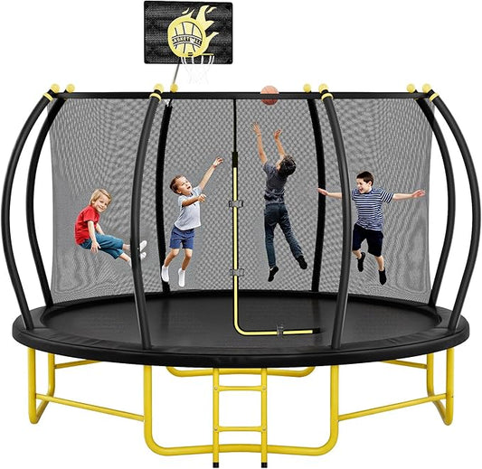10FT 12FT 14FT 16FT Pumpkin Trampoline for Kids Adults, ASTM Approved Outdoor Recreational Trampoline with Basketball Hoop, Enclosure Net, Yellow