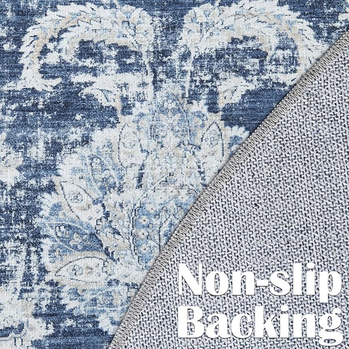 jinchan Round Rug 5ft Area Rugs Vintage Floral Distressed Design - Machine Washable Non-Slip Low-Pile Ultra-Thin Circle Rug for Entryway Bedside Living Room Dining Room Bedroom (5' Round,Dark Blue)